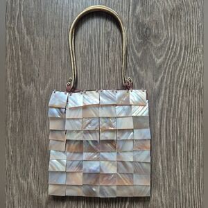 Vintage Handmade Mother Of Pearl Shell Tile Micro  Bag Brass Metal Top Handles